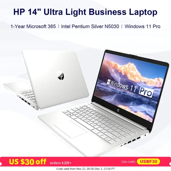 HP 14" Business Laptop,Intel Pentium Silver N5030,Up to 32GB RAM,2TB SSD,1-Year Microsoft 365,Ultral Light,Windows 11 Pro,Silver