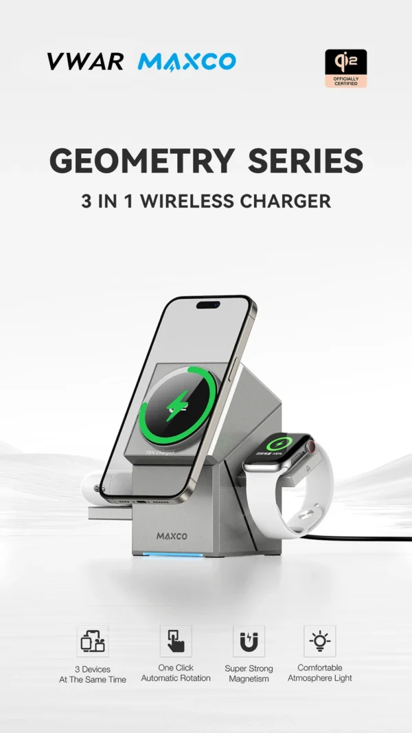 MAXCO Qi2 3-in-1 Wireless charger with Auto-Rotating Phone Dock compatible with MagSafe for iPhone Apple Watch Ultra 2 Airpods - Image 5