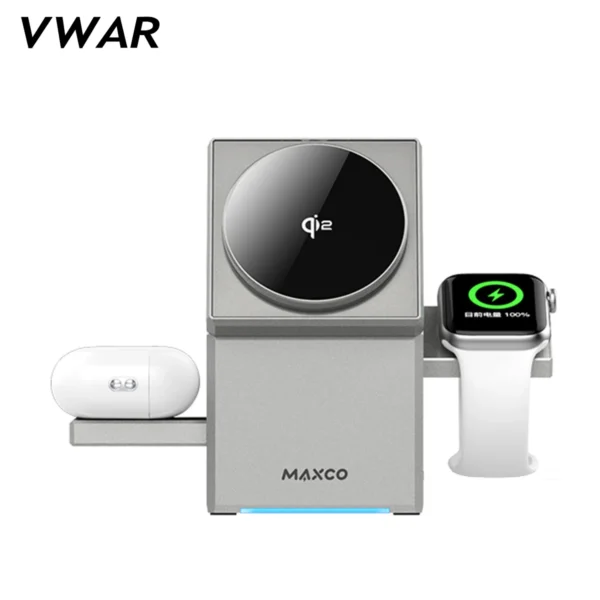 MAXCO Qi2 3-in-1 Wireless charger with Auto-Rotating Phone Dock compatible with MagSafe for iPhone Apple Watch Ultra 2 Airpods - Image 3