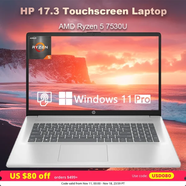 HP 2024 Newest 17.3" Laptop,HD+ Touchscreen Display,AMD Ryzen 5 7530U(Beats i7-1165G7),Up to 64GB RAM,2TB SSD,Wi-Fi 6,Win 11 Pro