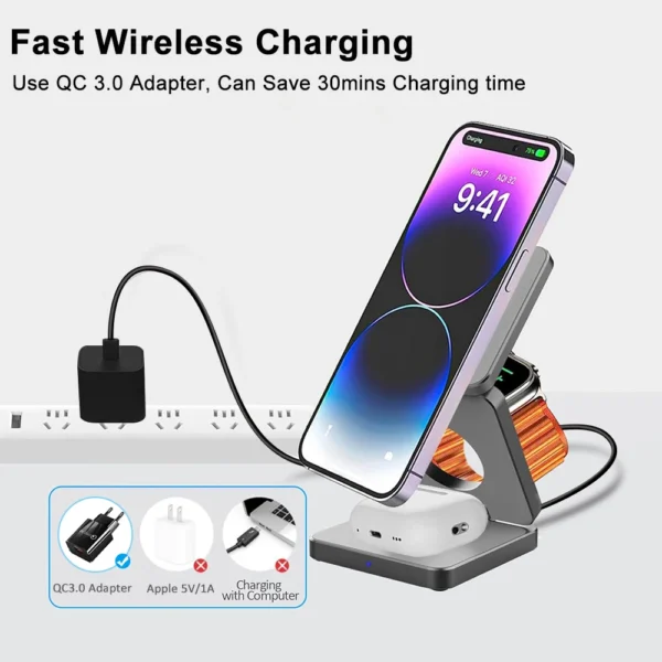 Wireless Charger 3 in 1 Foldable Magnetic Wireless Charging Station for iPhone 15 14 13 12 Pro Max Apple Watch 8 9 Charger - Image 2