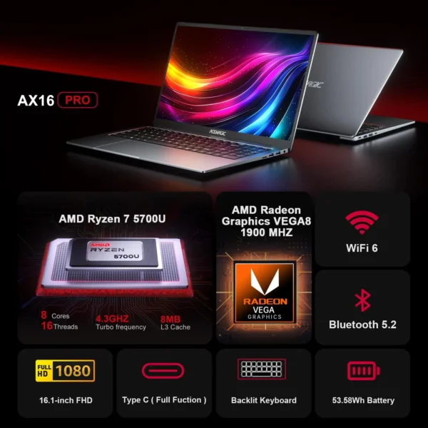 ACEMAGIC Gaming Notebook 16.1 FHD 1920*1080 16GB DDR4 512GB SSD AMD Ryzen 7 5700U Notebook Windows 11 Home BT5.2 WiFi 6 Laptop - Image 2