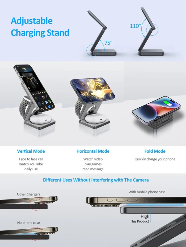 Wireless Charger 3 in 1 Foldable Magnetic Wireless Charging Station for iPhone 15 14 13 12 Pro Max Apple Watch 8 9 Charger - Image 18