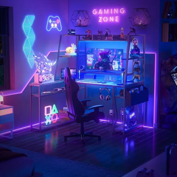 L Shaped Gaming Desk with Hutch & Shelves, 47'' Gaming Computer Desk with LED Lights & Outlets, PC Gaming Desk with Storage - Image 2