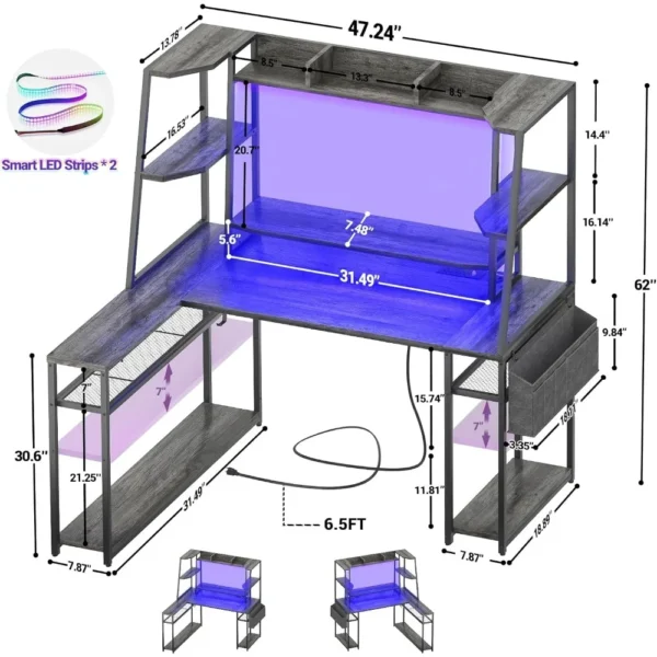 L Shaped Gaming Desk with Hutch & Shelves, 47'' Gaming Computer Desk with LED Lights & Outlets, PC Gaming Desk with Storage - Image 3