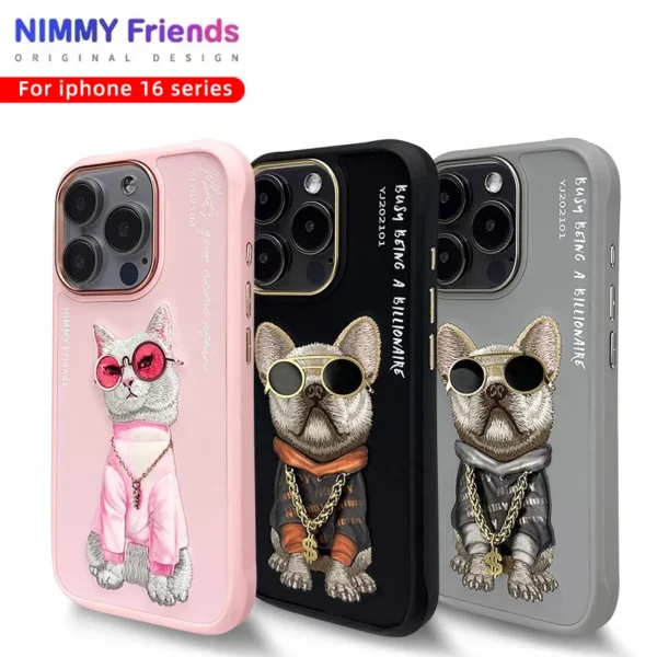 Luxury Hip-Hop Cat 3D Glasse Needle Embroidery With Lanyard Couple Case For iPhone 16  Pro Max Trend Original Fashion Cover