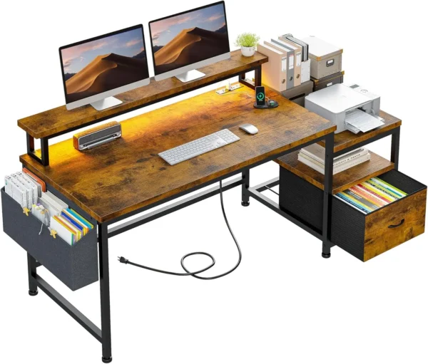 56.5" Computer Desk with Power Outlets,Home Office Desk with Fabric File Cabinet,Study Writing Gaming Desk with Monitor Shelf - Image 7