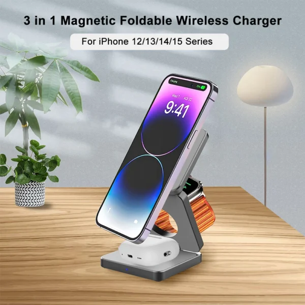 Wireless Charger 3 in 1 Foldable Magnetic Wireless Charging Station for iPhone 15 14 13 12 Pro Max Apple Watch 8 9 Charger - Image 13