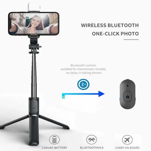 Lenovo Selfie Stick 1045mm with Wireless Bluetooth LED Fill Light Extended Tripod with Remote Shutter for Android IOS Cellphone - Image 3