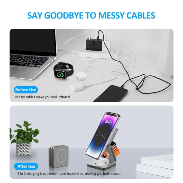 Wireless Charger 3 in 1 Foldable Magnetic Wireless Charging Station for iPhone 15 14 13 12 Pro Max Apple Watch 8 9 Charger - Image 17