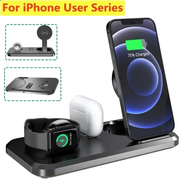 Foldable Wireless Charger Stand 3 in 1 for iPhone 16 15 14 13 Pro Max iWatch 8 7 Airpods Fast Charging Phone Holder Dock Station - Image 2