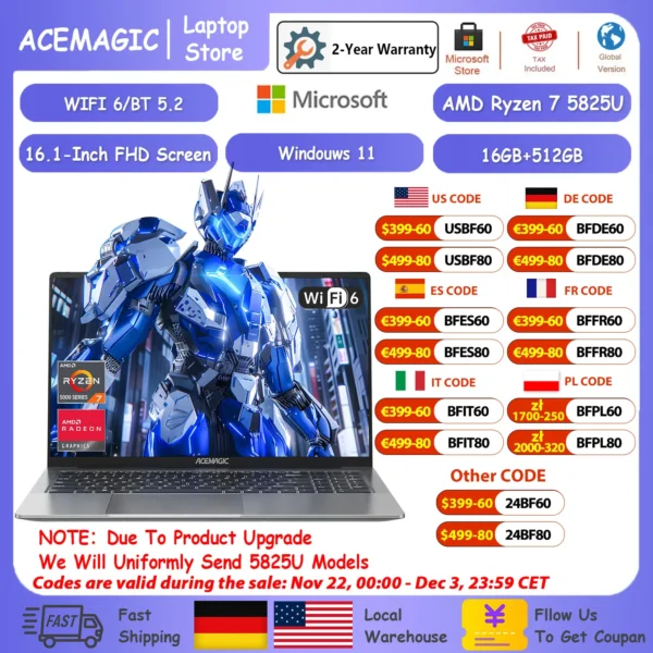 ACEMAGIC Gaming Notebook 16.1 FHD 1920*1080 16GB DDR4 512GB SSD AMD Ryzen 7 5700U Notebook Windows 11 Home BT5.2 WiFi 6 Laptop