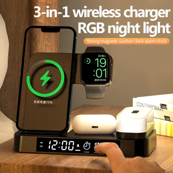 30W 3 In 1 Wireless Charger Stand Pad Alarm Clock Night Light Fast Charging Station Dock for iPhone Samsung Galaxy Watch IWatch - Image 5