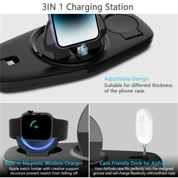 Foldable Wireless Charger Stand 3 in 1 for iPhone 16 15 14 13 Pro Max iWatch 8 7 Airpods Fast Charging Phone Holder Dock Station - Image 13