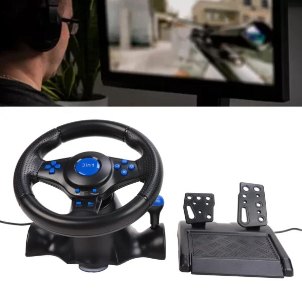 Gaming Steering Wheel 180 Degree Rotation Multifunctional 3 in 1 Game Racing Wheel with Pedals for PC