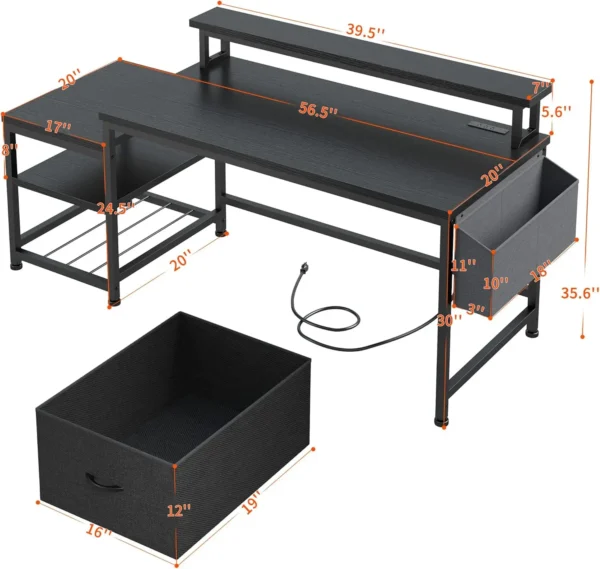 56.5" Computer Desk with Power Outlets,Home Office Desk with Fabric File Cabinet,Study Writing Gaming Desk with Monitor Shelf - Image 3